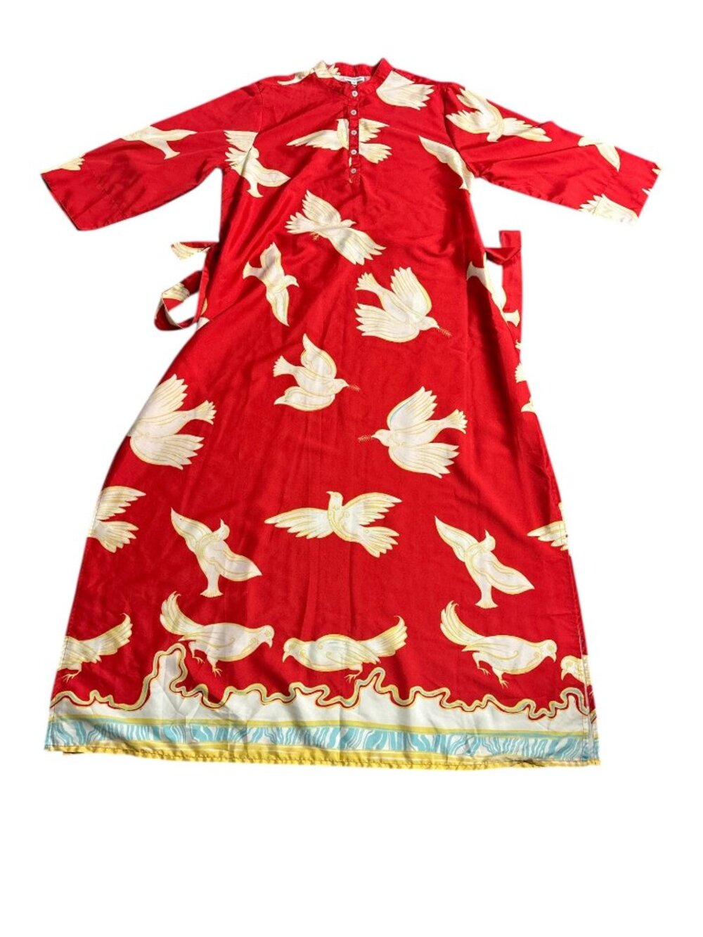 Moda Posa XL Red Bird Orint Maxi Dress Tue waist Mandarin Collar Boho Resort - Picture 10 of 11